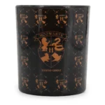 Vorderansicht einer schwarzen Hogwarts Duftkerze mit Wappenmotiv