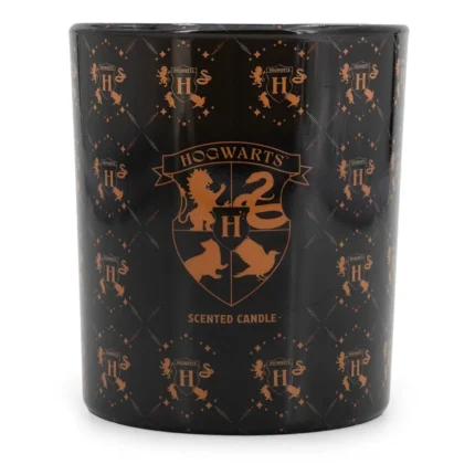 Vorderansicht einer schwarzen Hogwarts Duftkerze mit Wappenmotiv