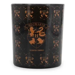 Schwarze Hogwarts Duftkerze mit Hogwarts-Wappen und goldfarbener Aufschrift