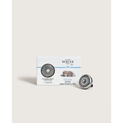 Maison Berger Autodiffusor und Verpackung mit Cotton-Cares-Aufdruck