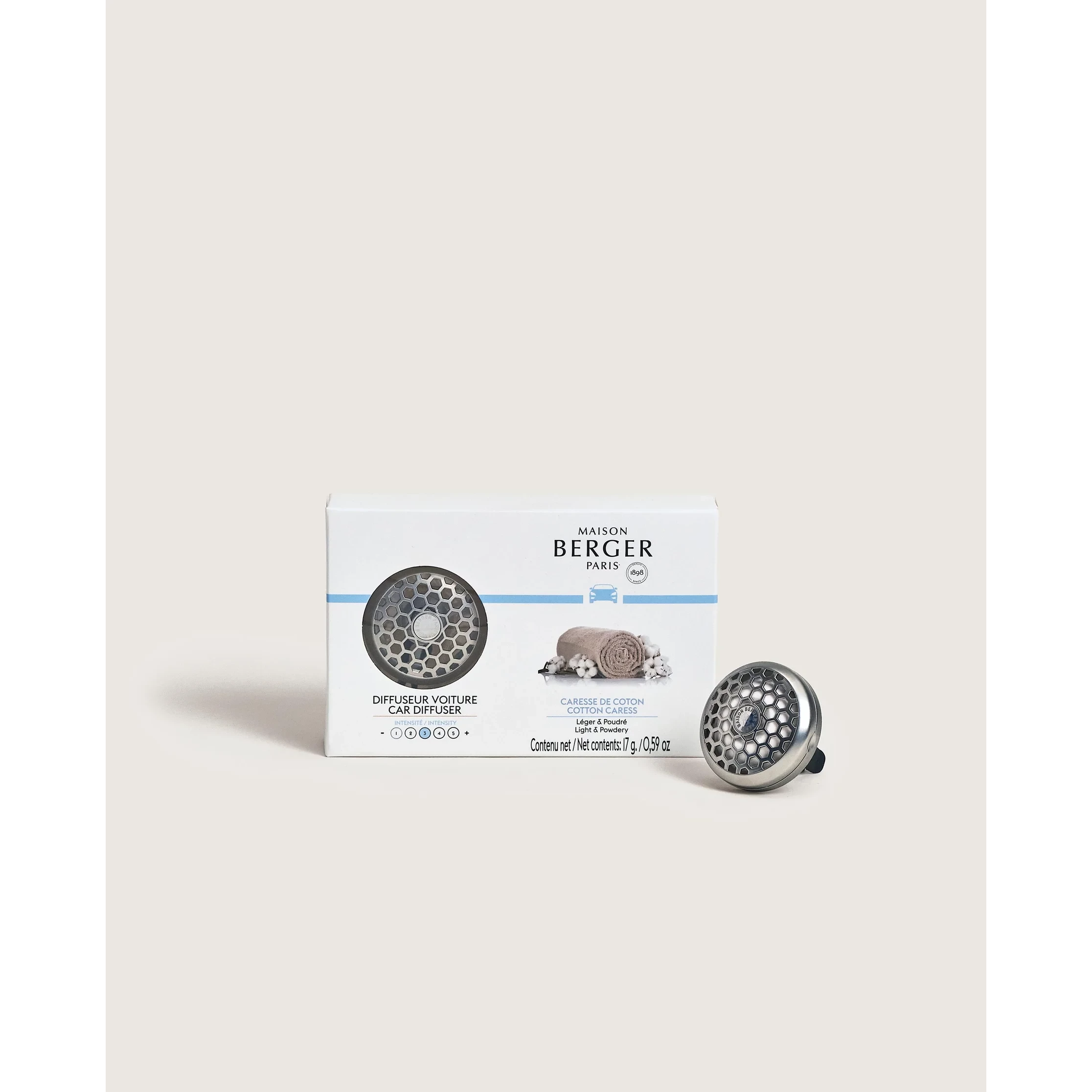 Autodiffusor mit Verpackung Maison Berger Autodiffusor und Verpackung mit Cotton-Cares-Aufdruck