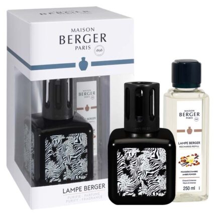 Lampe Berger Set mit schwarzer Duftlampe, Nachfüllflasche und Verpackung
