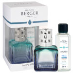 Türkis-blaue Lampe Berger mit Verpackung und 250-ml-Nachfüllflasche