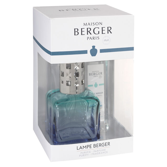 Türkis-blaue Lampe Berger in weißer Maison-Berger-Paris-Geschenkverpackung