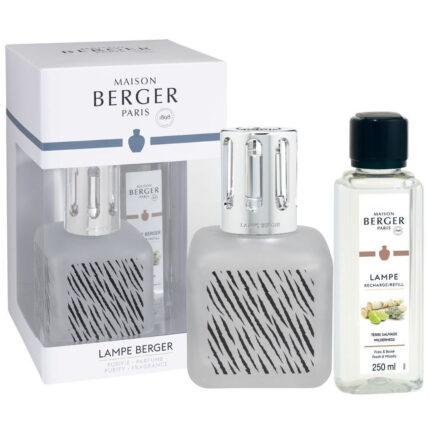 Maison Berger Set mit grauer Lampe, Verpackung und beschrifteter Nachfüllflasche