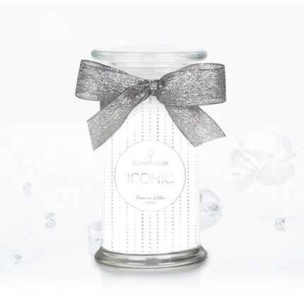 Dekorative JuwelKerze ICONIC Premium Edition im Glas mit silberner Schleife