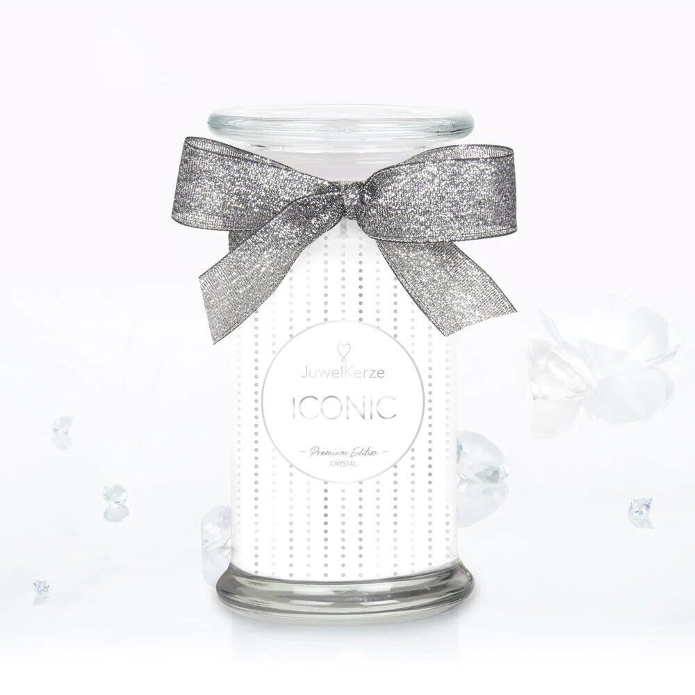 JuwelKerze ICONIC Premium Edition Dekorative JuwelKerze ICONIC Premium Edition im Glas mit silberner Schleife