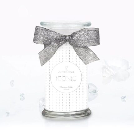 Dekorative JuwelKerze ICONIC Premium Edition im Glas mit silberner Schleife