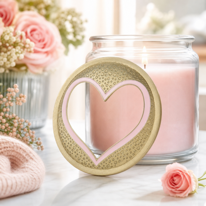 Goldener Illuma-Lid mit Herzdesign vor einer brennenden rosa Kerze