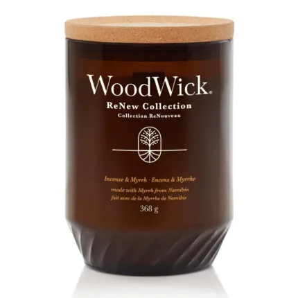 WoodWick Incense & Myrrh 368-g-Kerze mit Korkdeckel frontal fotografiert