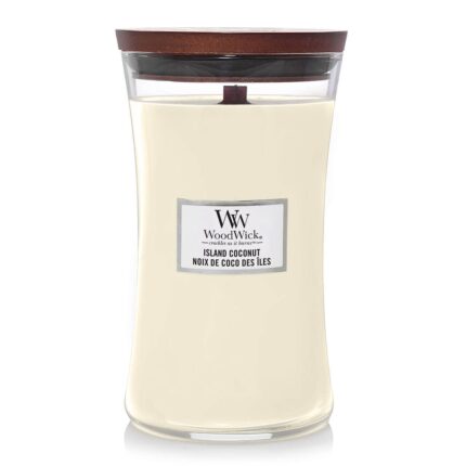 WoodWick Island Coconut Kerze im Glas mit aufgelegtem Holzdeckel