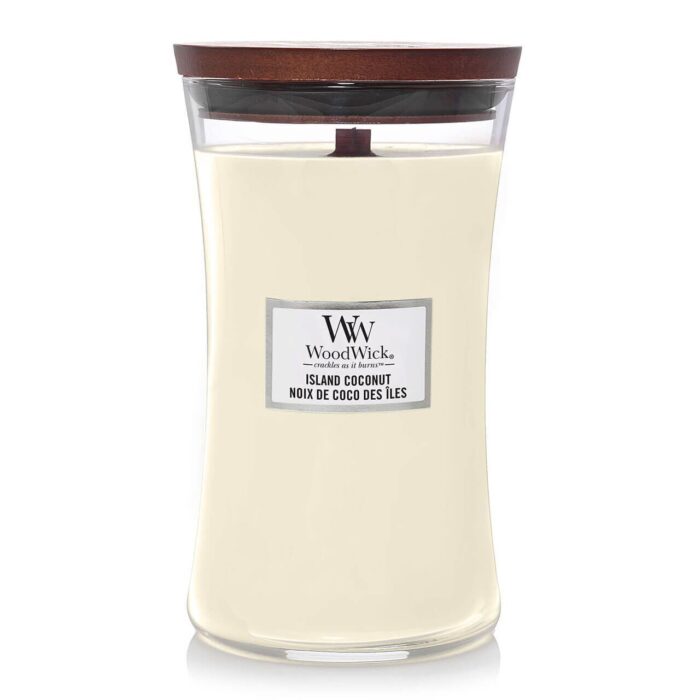 WoodWick Island Coconut Kerze im Glas mit aufgelegtem Holzdeckel