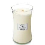 WoodWick Island Coconut Kerze ohne Deckel mit sichtbarem Holzdocht