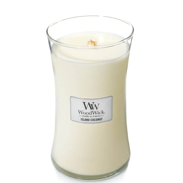 WoodWick Island Coconut Kerze ohne Deckel mit sichtbarem Holzdocht