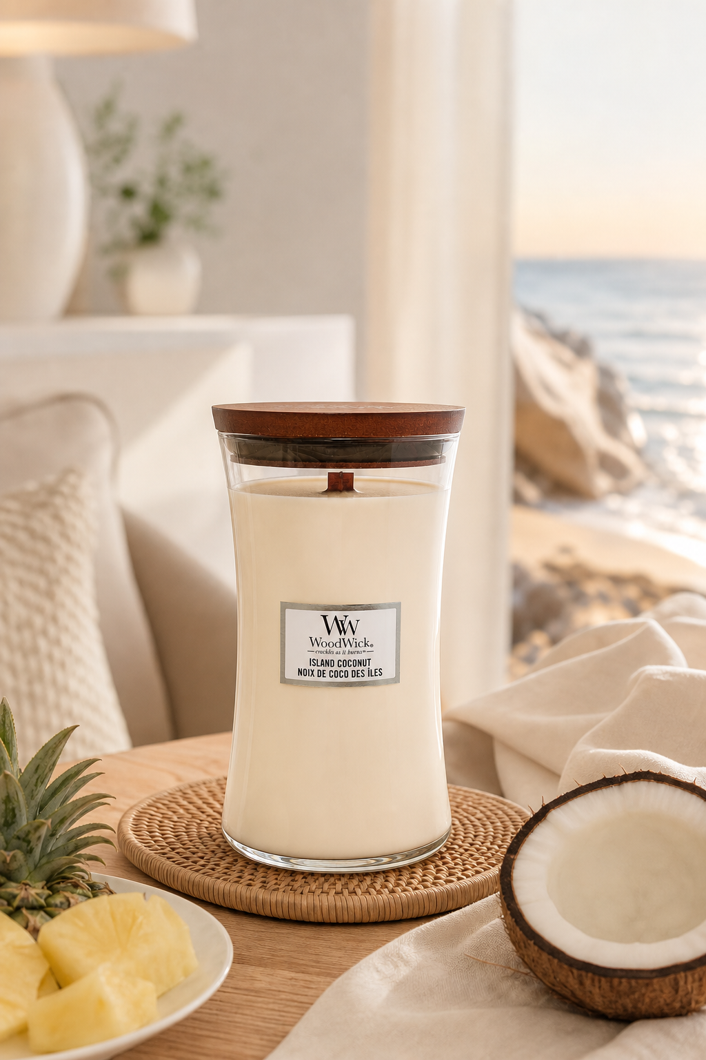 WoodWick Island Coconut Kerze auf einem Tisch neben Ananas und Kokosnuss