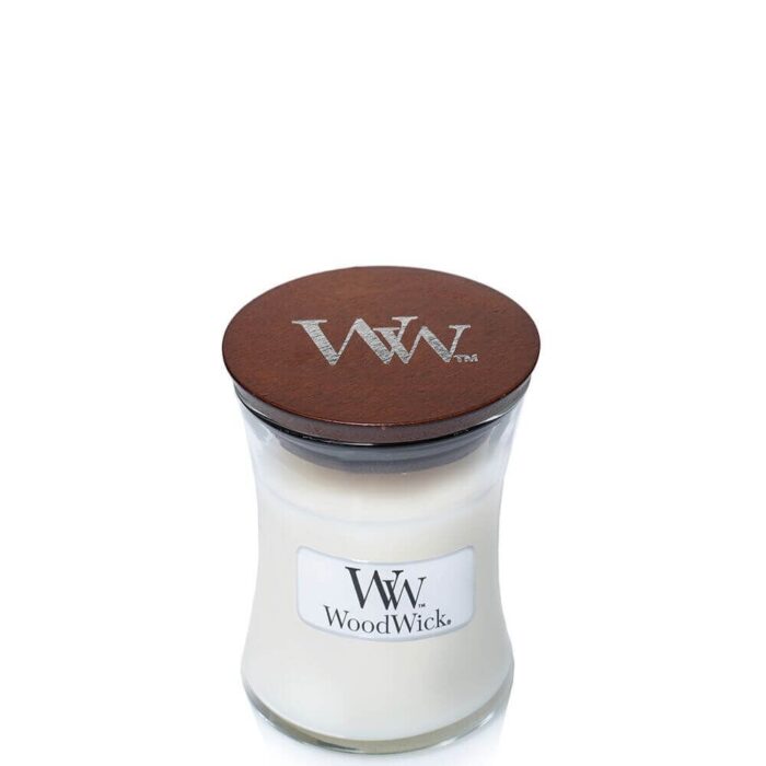 WoodWick Kerze im Glas mit geschlossenem braunem Deckel