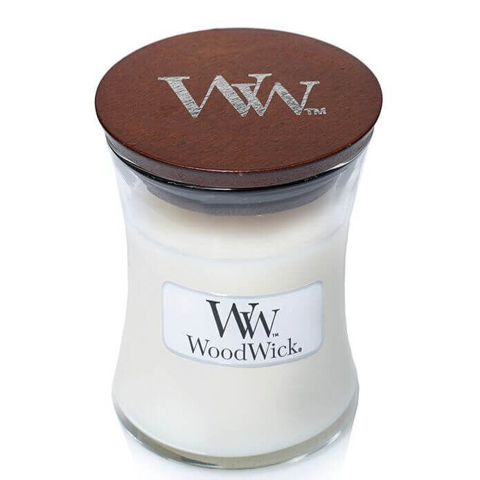 WoodWick Kerze mit Holzdeckel Weiße WoodWick Kerze im Glas mit braunem Deckel