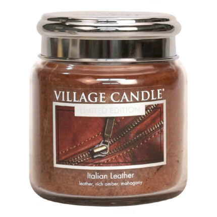 Village Candle Italian Leather Kerzenglas mit glänzendem Metalldeckel und Lederetikett