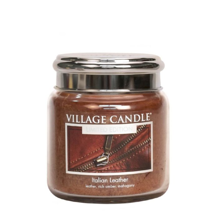 Village Candle Italian Leather Kerzenglas mit glänzendem Metalldeckel und Lederetikett