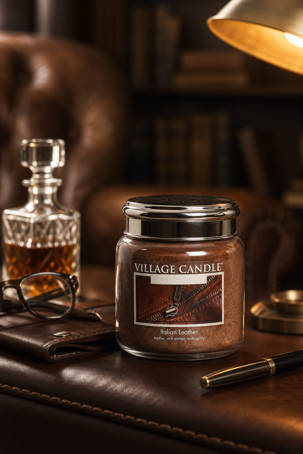 Italian Leather Kerze von Village Candle steht auf einem Schreibtisch neben Lederaccessoires