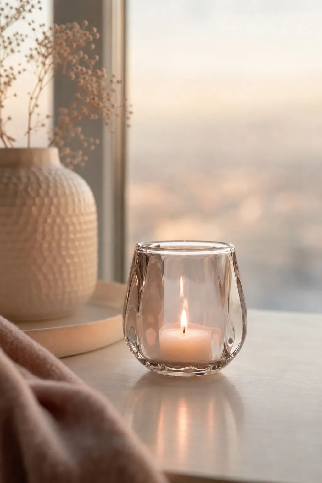 Jaquard Windlicht roségrau – Stimmungsbild Jaquard Windlicht roségrau in einer stimmungsvollen Anwendungsszene