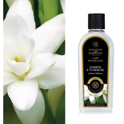 Flasche mit Jasmine & Tuberose Duftlampenöl vor weißen Blüten