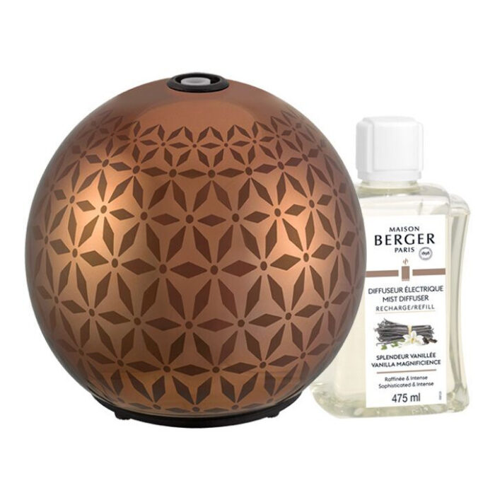 Aroma-Diffuser mit geometrischem Muster neben beschriftetem Duftflakon
