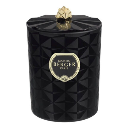 Geschlossene schwarze Duftkerze mit geometrischem Muster und Maison Berger Logo