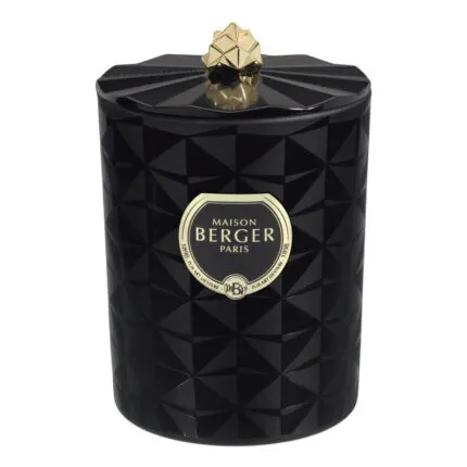 Geschlossene schwarze Duftkerze mit geometrischem Muster und Maison Berger Logo