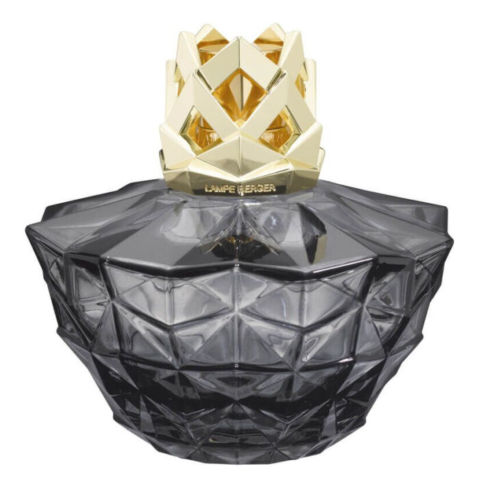 Nahaufnahme der schwarzen Kali Lampe Berger mit goldener Krone