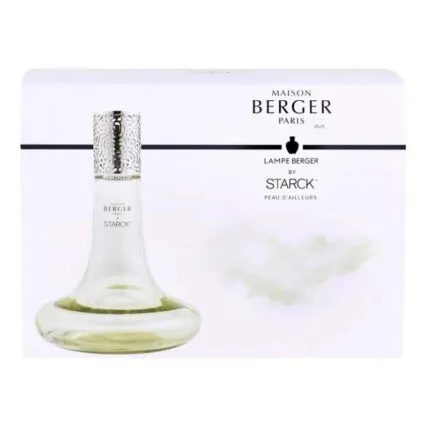 Verpackung mit Lampe Berger von Starck und Produktbezeichnung Peau d’Ailleurs