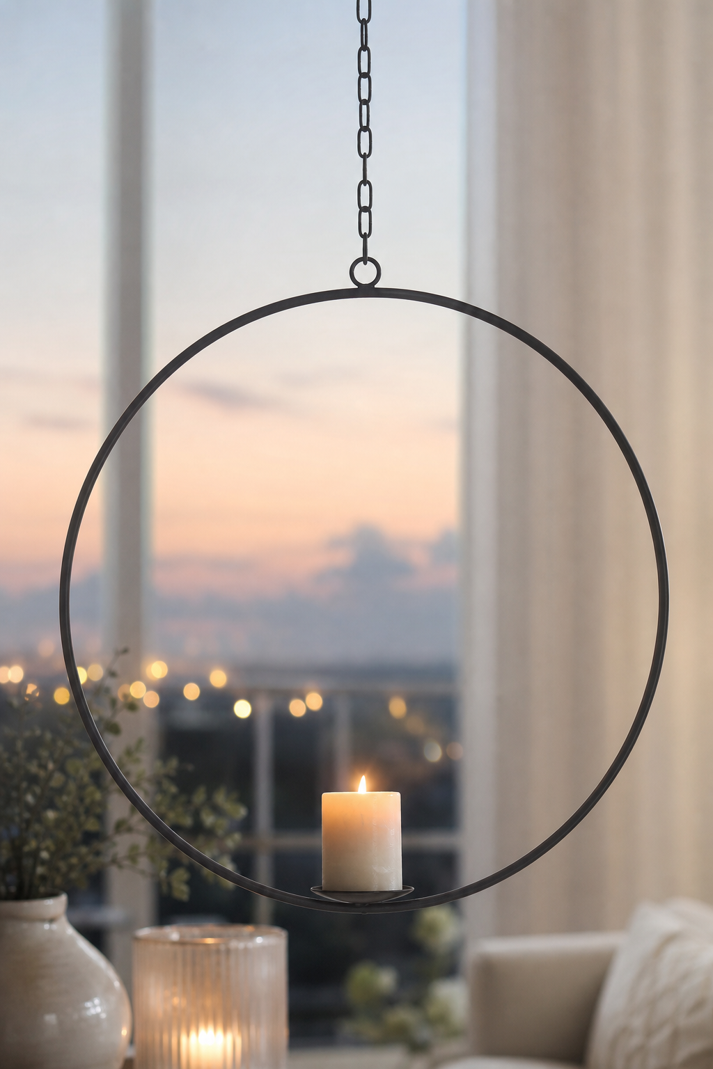 Kerzenhalter Ring zum Aufhängen M schwarz in einer stimmungsvollen Anwendungsszene