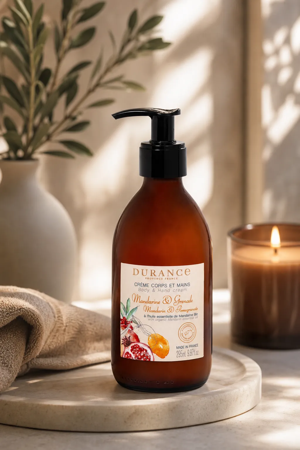 Kiefer und Olivenholz Körper- und Handcreme 295ml – Stimmungsbild Kiefer und Olivenholz Körper- und Handcreme 295ml in einer stimmungsvollen Anwendungsszene