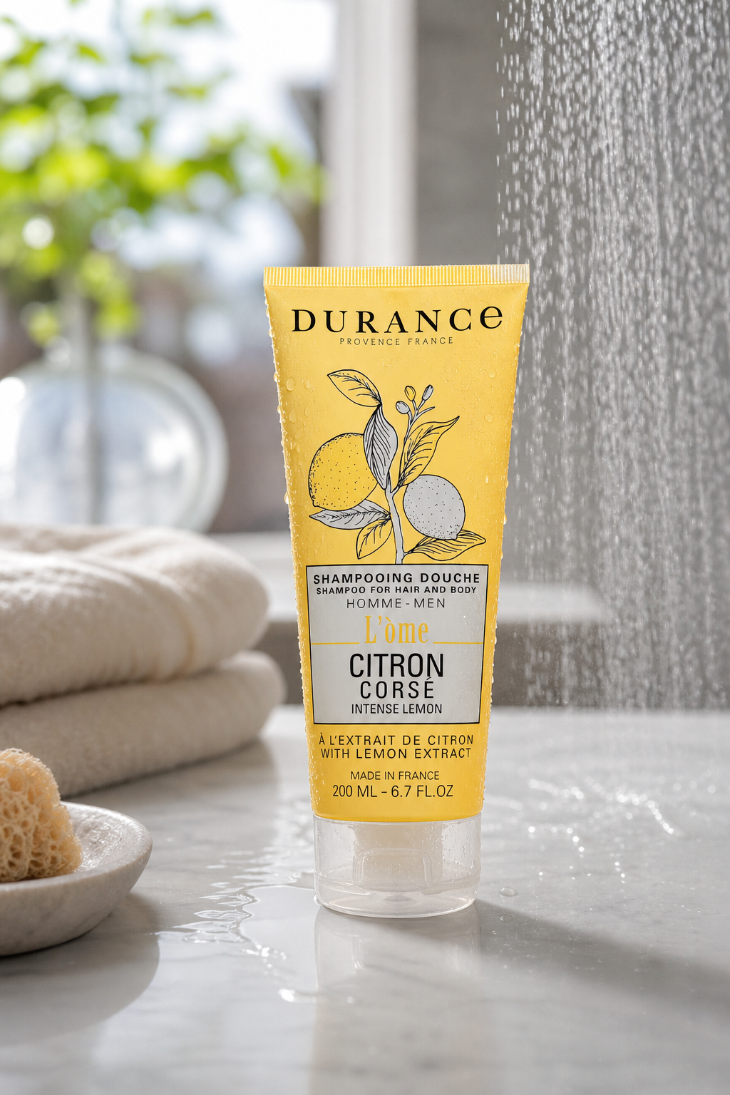Kräftige Zitrone Homme Duschgel 200ml in einer stimmungsvollen Anwendungsszene