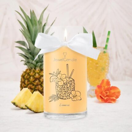 Brennende Jewel Candle L’Ananas mit Ananasmotiv und weißer Schleife