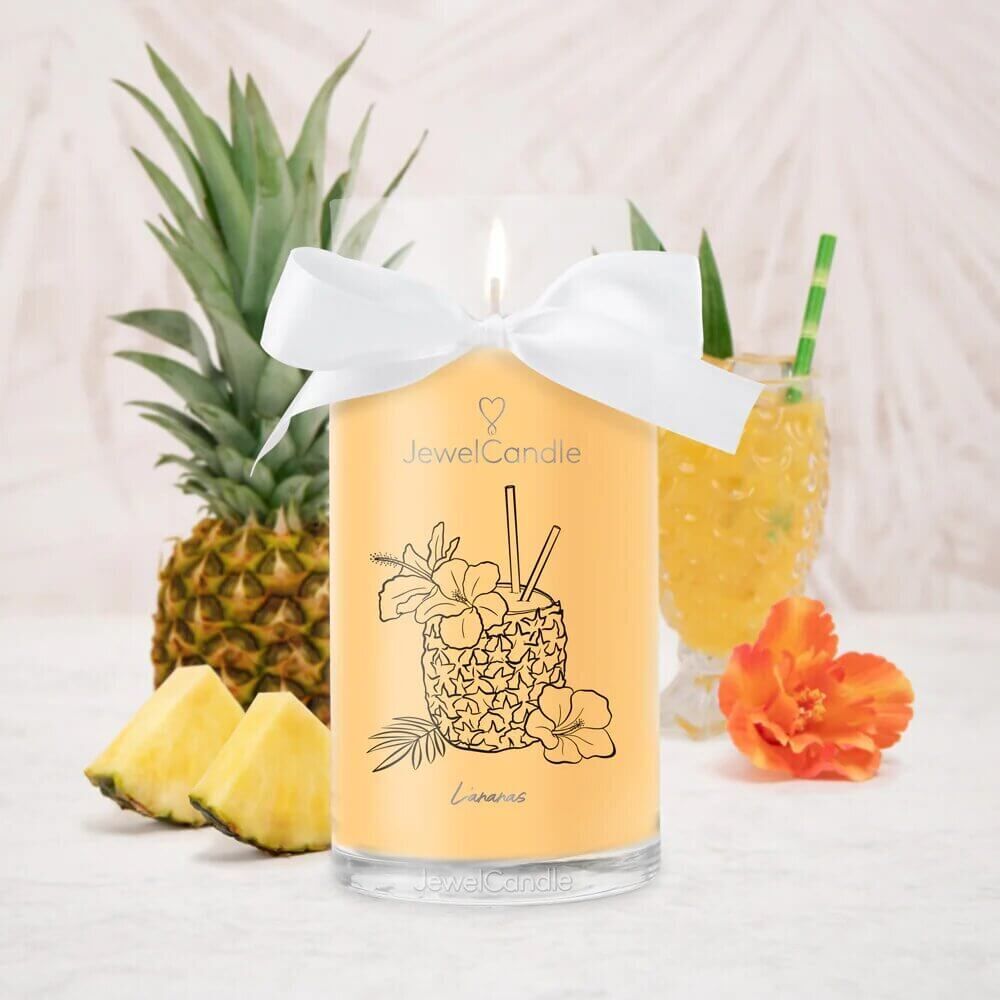 Jewel Candle L’Ananas mit Schleife Brennende Jewel Candle L’Ananas mit Ananasmotiv und weißer Schleife