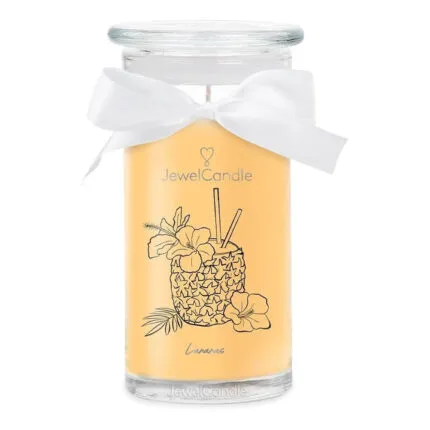 JewelCandle im Glas mit weißer Schleife und illustriertem Ananas-Cocktail