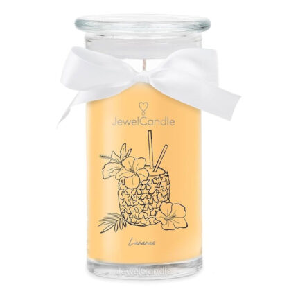 Gelbe JewelCandle-Kerze im Glas mit weißer Schleife und Ananas-Motiv