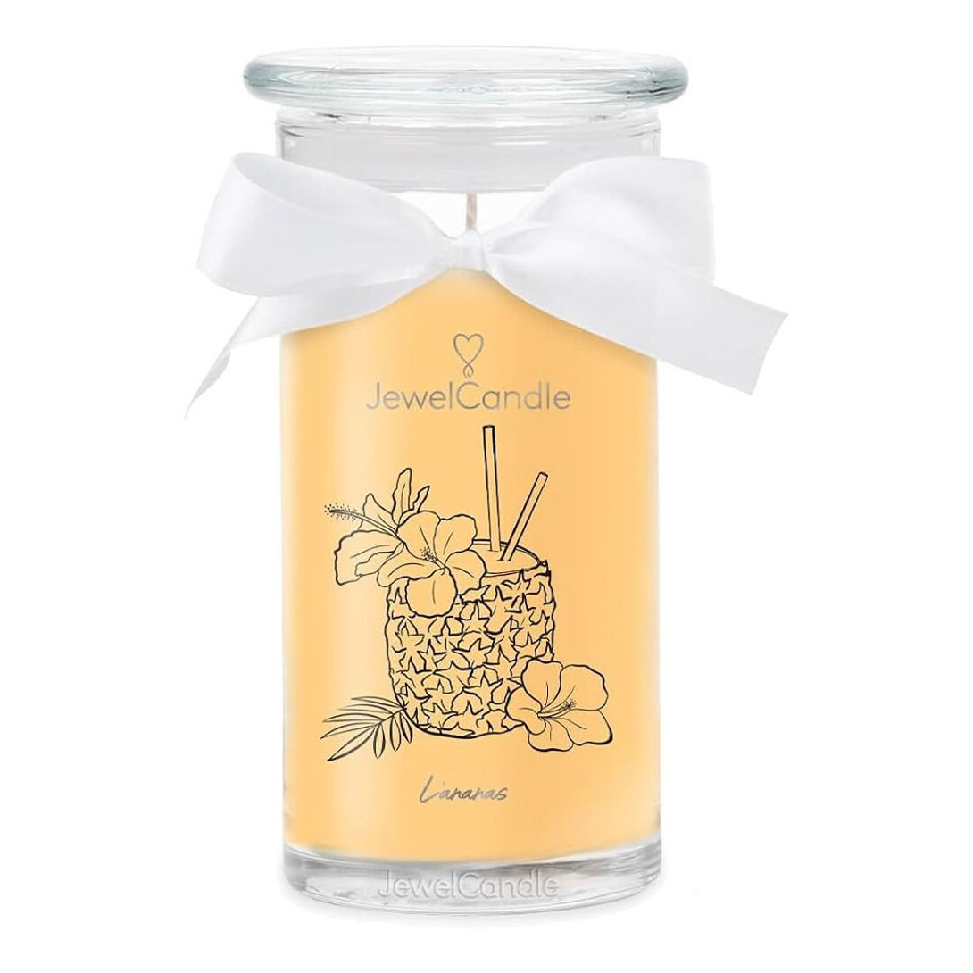 JewelCandle L’Ananas im Glas Glas mit Schleife, Ananas-Illustration und JewelCandle-Schriftzug