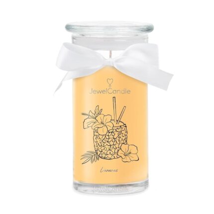 JewelCandle im Glas mit weißer Schleife und illustriertem Ananas-Cocktail