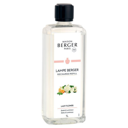 Transparente Maison Berger Nachfüllflasche mit schwarzem Verschluss und Etikett