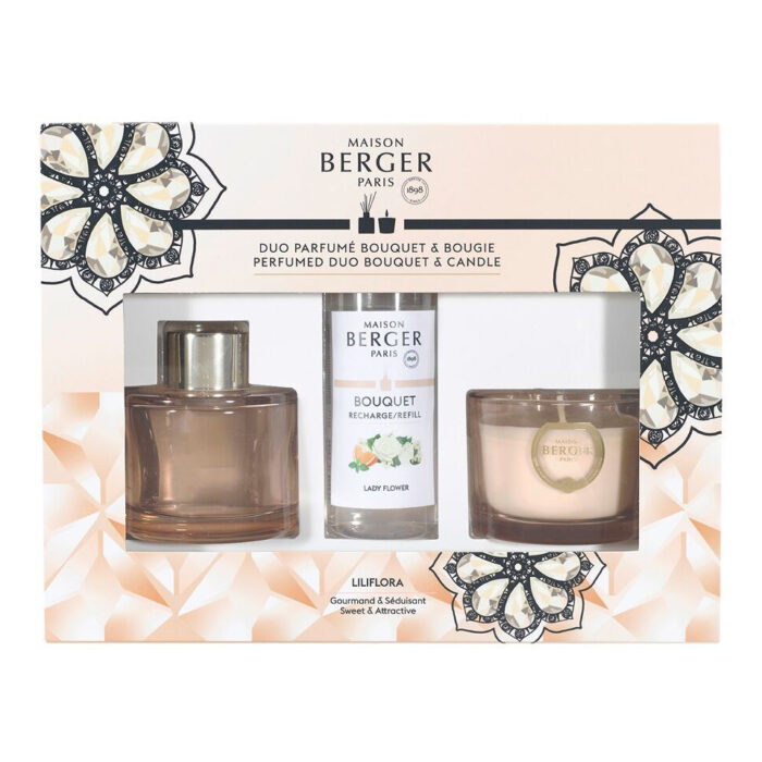 Maison Berger Verpackung für Duftbouquet und Kerze mit Lady-Flower-Nachfüllflasche