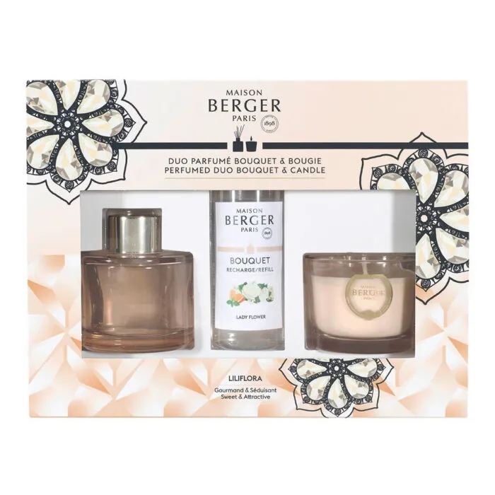 Maison Berger Verpackung für Duftbouquet und Kerze mit Lady-Flower-Nachfüllflasche