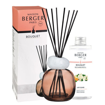 Bouquet Diffuser mit schwarzen Stäbchen, Verpackung und Maison Berger Nachfüllflasche