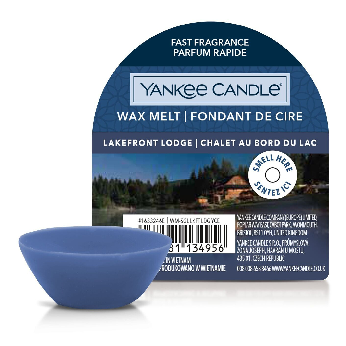 Lakefront Lodge Wax Melt Verpackung Blaues Wax Melt mit Lakefront Lodge Verpackung im Hintergrund