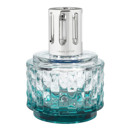 Türkise Lampe Berger mit transparenter Glasabdeckung und silberfarbener Schutzkappe