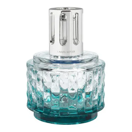 Türkise Lampe Berger mit transparenter Glasabdeckung und silberfarbener Schutzkappe