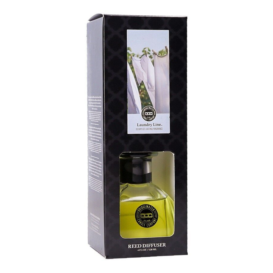 Verpackter Reed Diffuser Schwarze Verpackung mit Laundry-Line-Etikett und sichtbarer Reed-Diffuser-Flasche