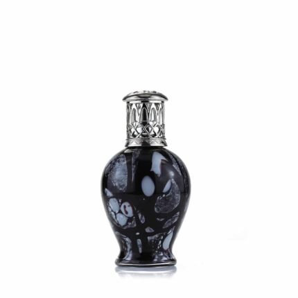 Schwarze Lava Tower Duftlampe mit silberfarbenem Metallaufsatz
