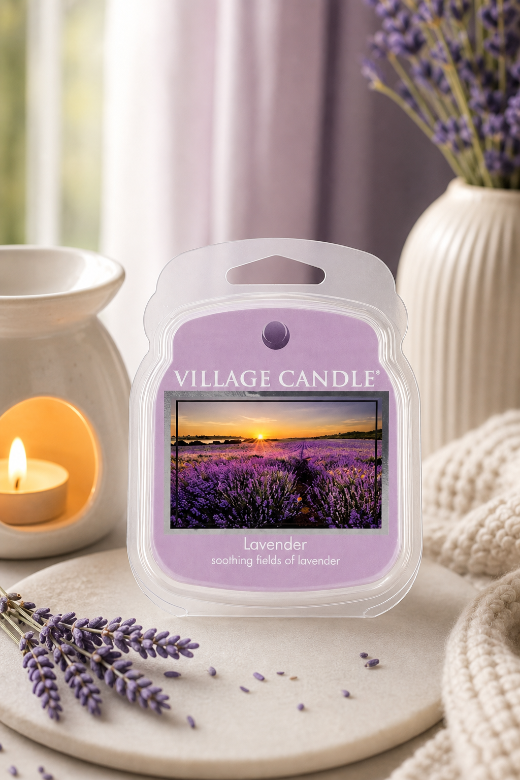 Village Candle Lavender Duftwachs auf Ablage neben brennender Kerze und Lavendelzweigen